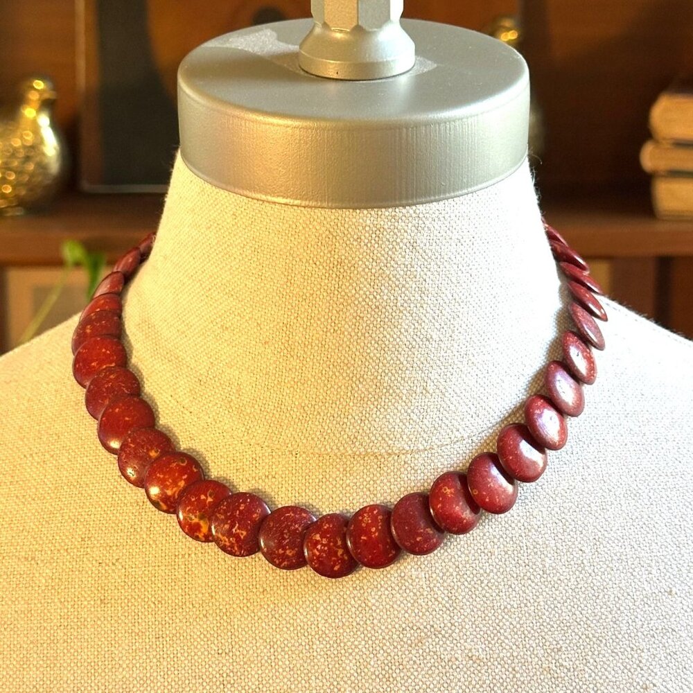Vintage Red Glazed Bead Necklace, 18" Boho